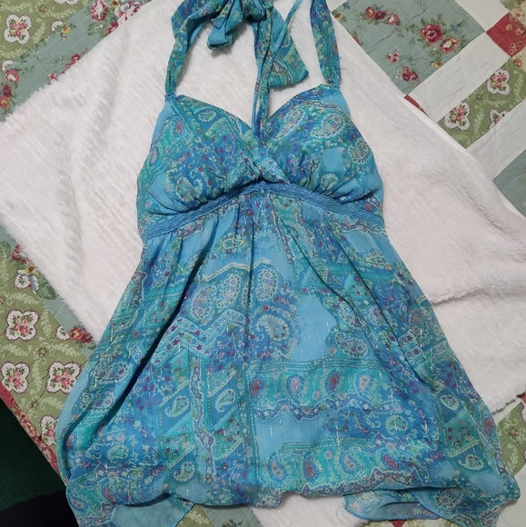 Vintage Jordache Juniors' Blue Paisley Metallic Tie Neck Bra Tank- Size XL 15/17 - Picture 12 of 12